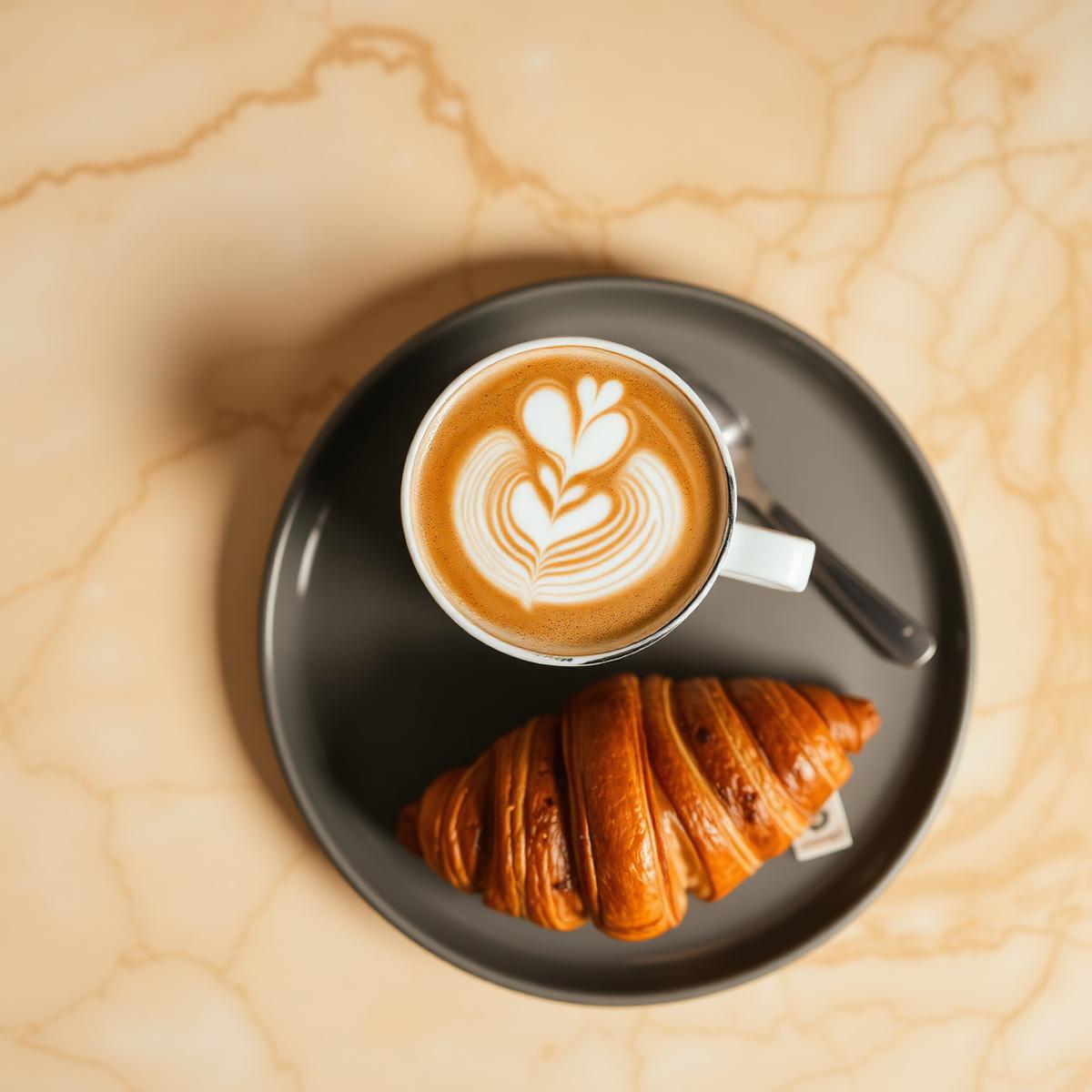 Coffee with latte art and a fresh croissant