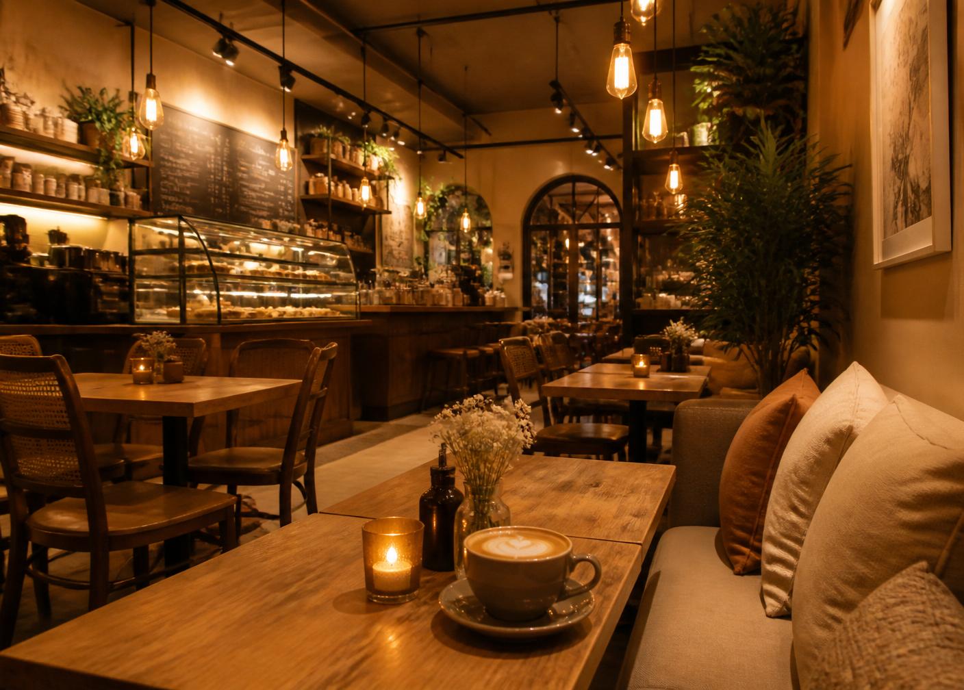 Warm, cozy cafe interior with Edison lights